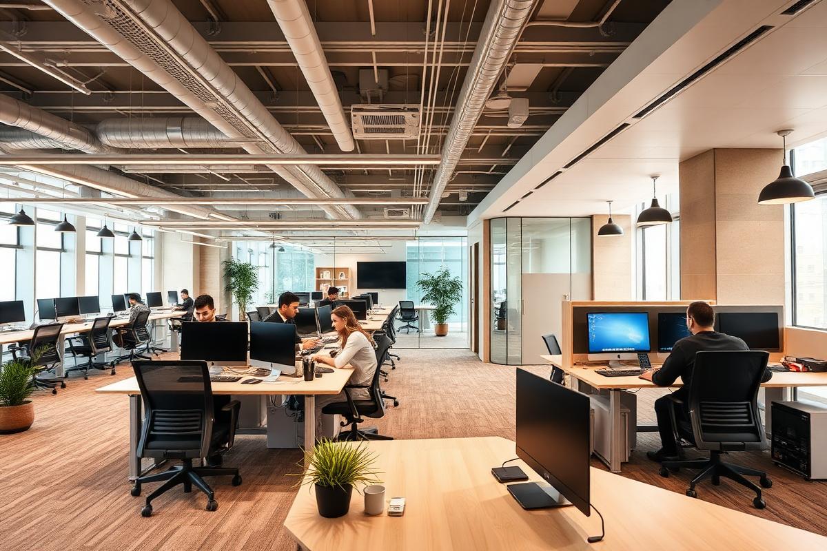 Modern flexible workspace interior with various work zones